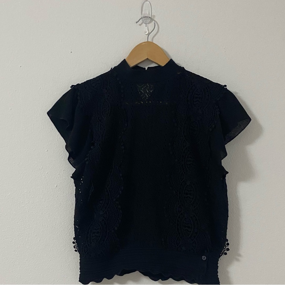 Zara Black Lace Mock Neck Top Women’s Medium Semi Sheer Flutter Sleeve